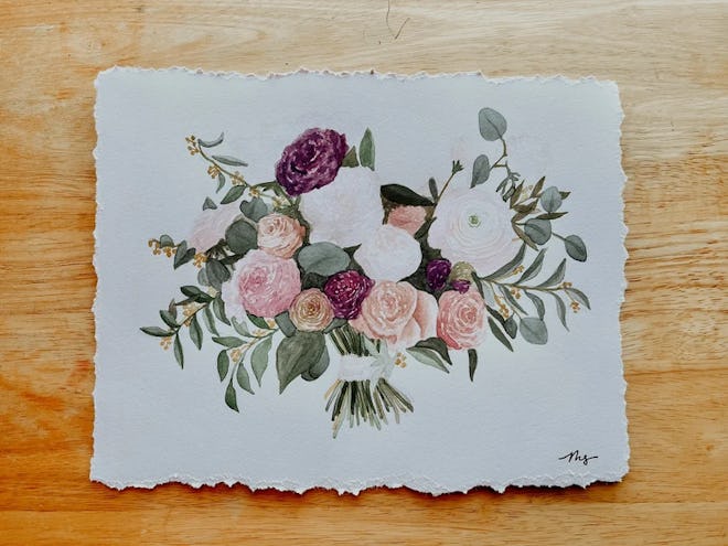 Watercolor artwork of a wedding bouquet on white paper with torn edges