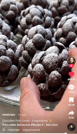 A woman makes chocolate pinecones from TikTok for anyone wondering how to make a chocolate and almon...