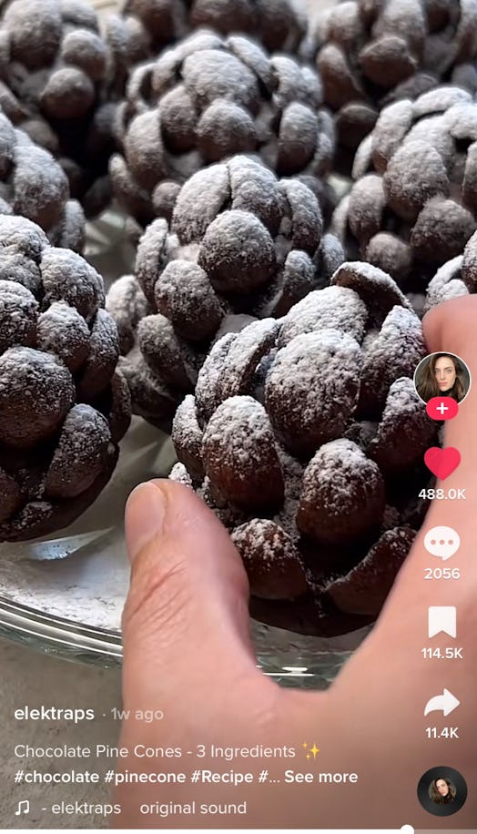 A woman makes chocolate pinecones from TikTok for anyone wondering how to make a chocolate and almon...