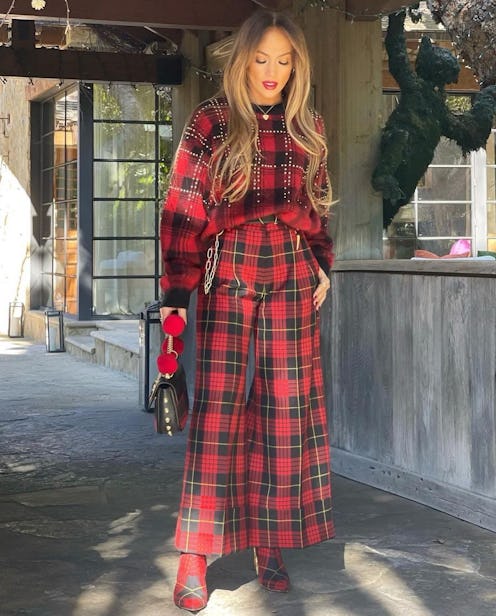 Jennifer Lopez wears Roberto Cavalli plaid matching set.