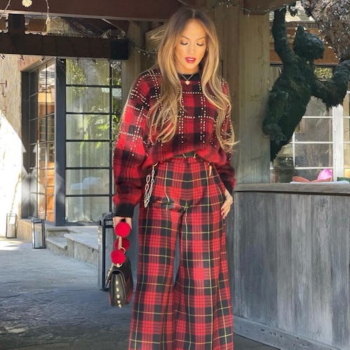 Jennifer Lopez wears Roberto Cavalli plaid matching set.