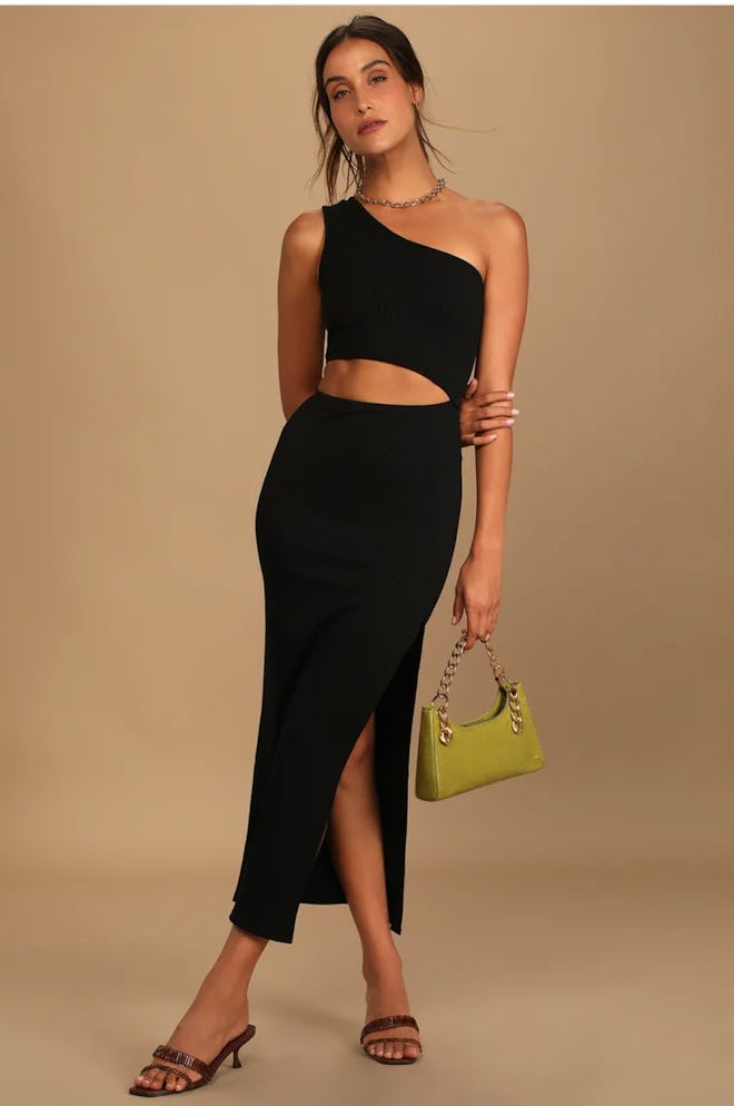 Black Ribbed One-Shoulder Cutout Dress
