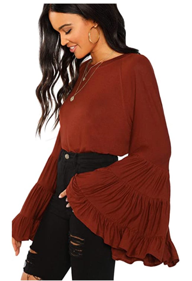 Floerns Women&rsquo;s Casual Boho Ruffle Long Bell Sleeve Top