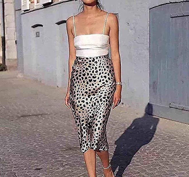 Keasmto Leopard Satin Midi Skirt