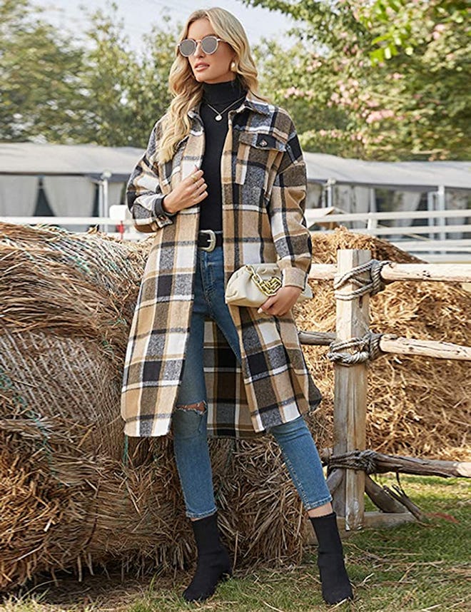 PUWEI Button Down Long Plaid Shirt Coat