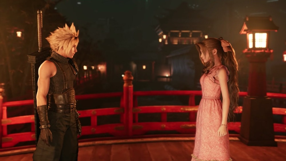 ff7 cloud and aerith on the bridge in wall market