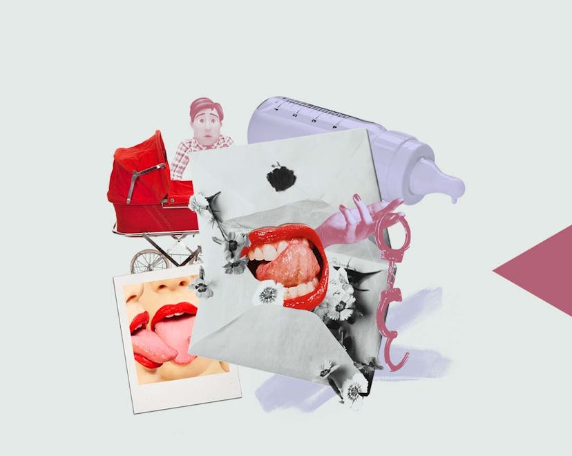 A collage of a letter, hands with handcuffs, seductive lips, a baby bottle and stroller