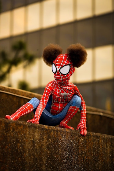  Rose, 3, poses as Spiderman for Rae’s Bleu Rose Photography.