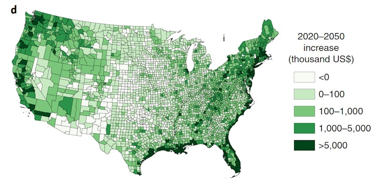 Flood hazard map showing increase in flood risk by 2050 in the U.S. 