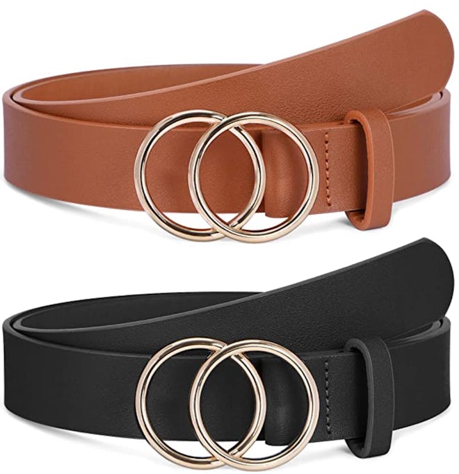 Women Faux Leather Belt with Double O-Ring Buckle (2-Pack)