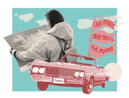 A collage of an abortion tourist looking on a paper map, a car with Texas license plate