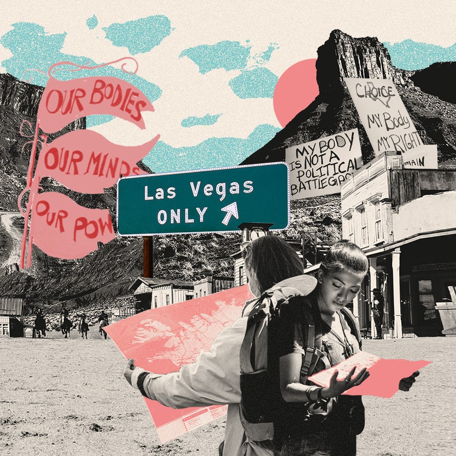 &ldquo;Las Vegas&rdquo; sign with signs about abortion being a woman&rsquo;s right all around it