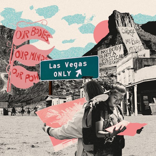 “Las Vegas” sign with signs about abortion being a woman’s right all around it