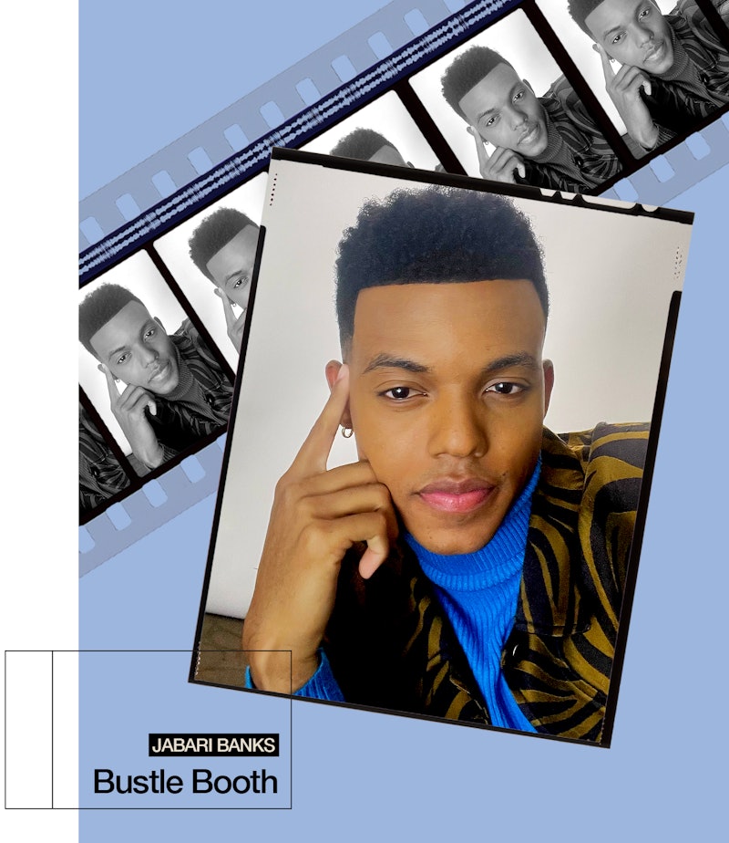 Jabari Banks posing in a blue sweater and black jacket in a collage