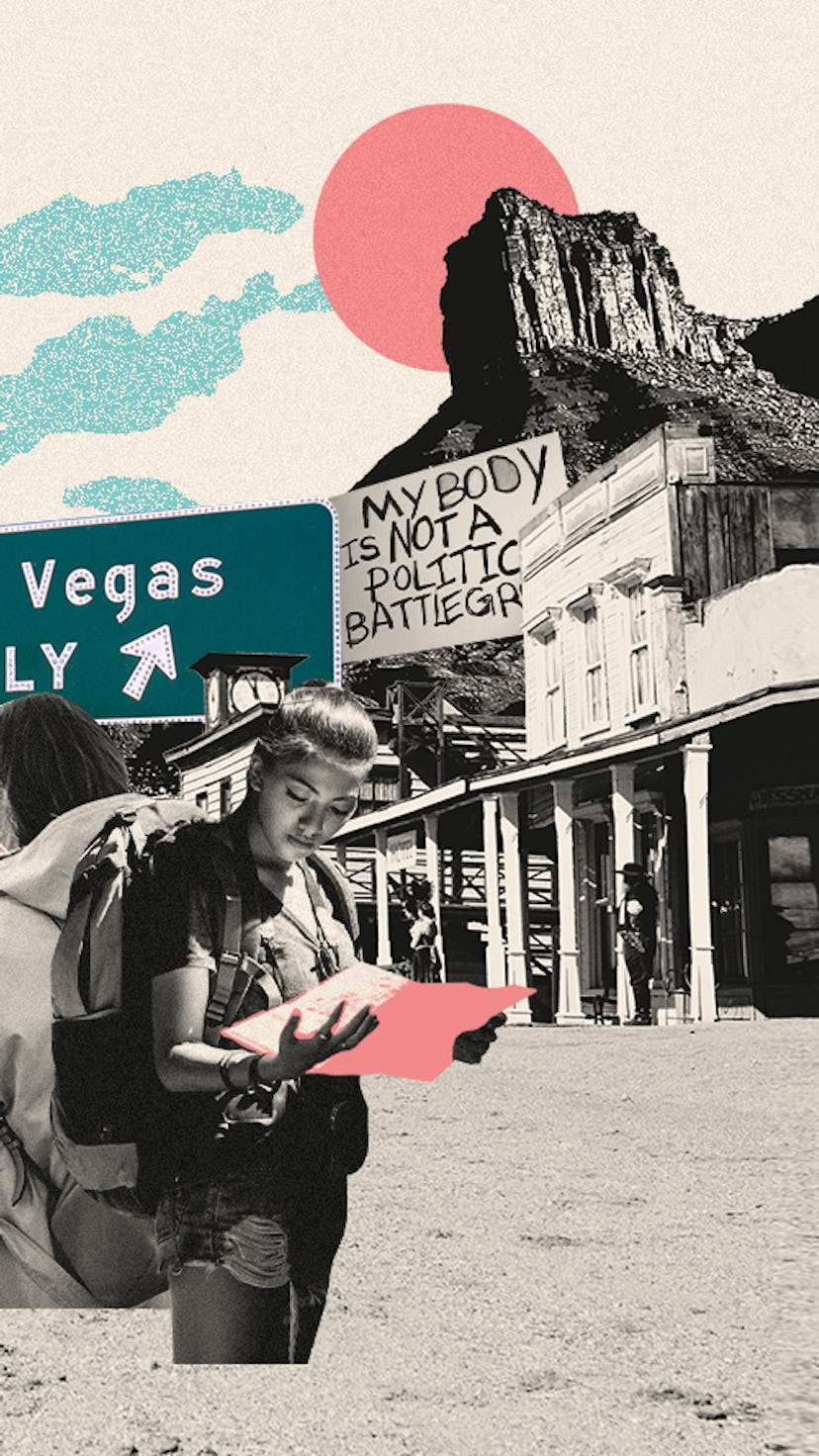 Two abortion tourists looking for Las Vegas on paper maps while surrounded with many abortion protes...