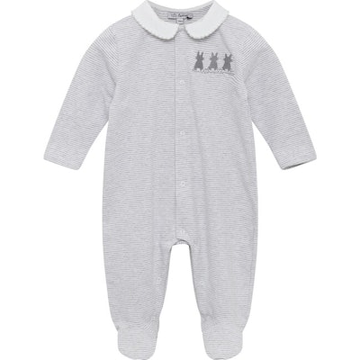 coming home outfits for boys: grey and white onesie with bunnies