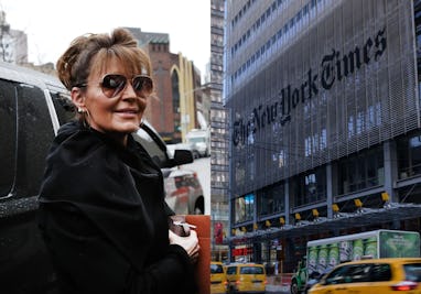 Diptych of Sarah Palin and New York Times building.