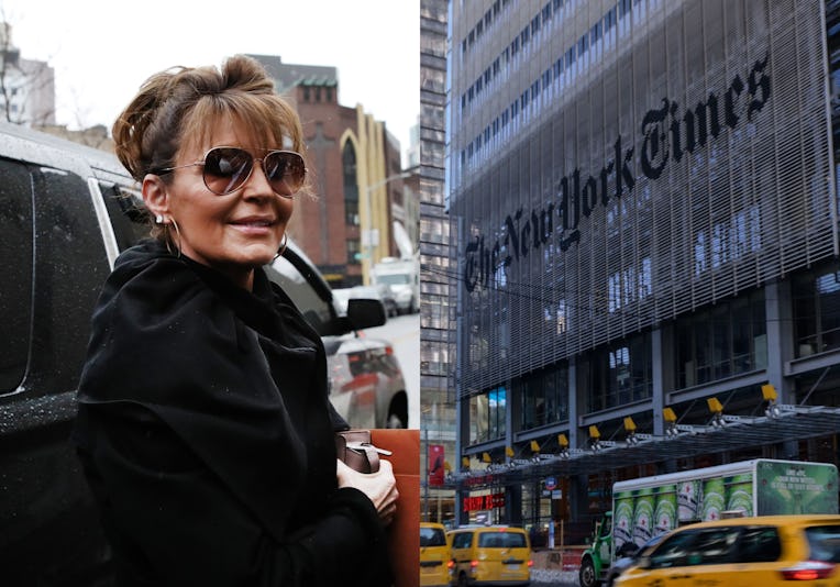 Diptych of Sarah Palin and New York Times building.
