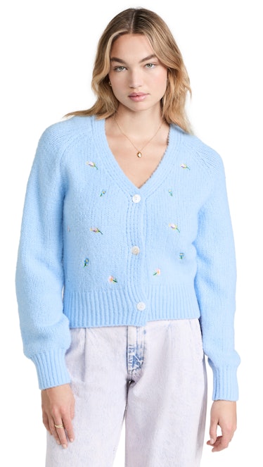 a blue floral knit cardigan