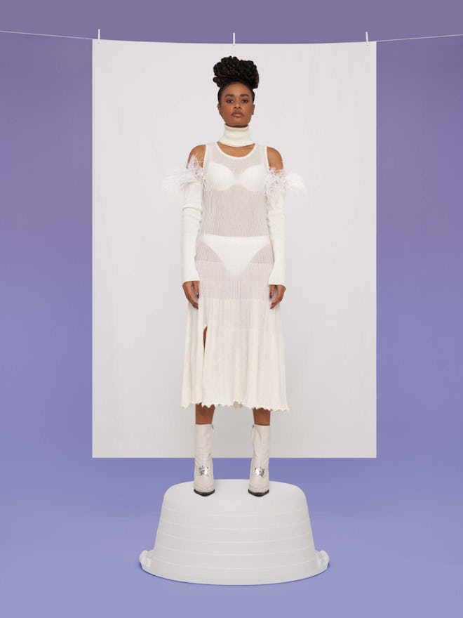 Thebe Magugu white knitted dress.