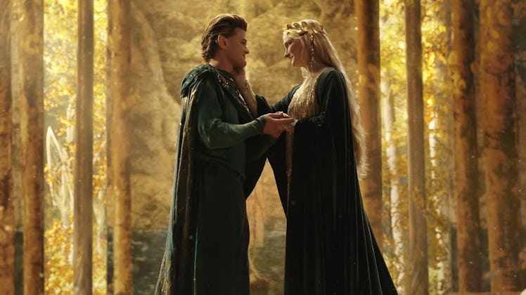 Robert Aramayo and Morfydd Clark play Elrond and Galadriel in The Rings of Power.