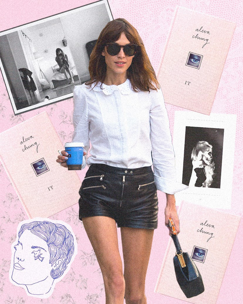 collage of alexa chung holding coffee on a pink background next to her book it