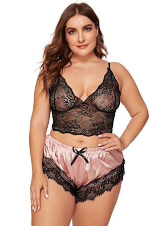 SOLY HUX Plus Size Lace Trim Pajama Set