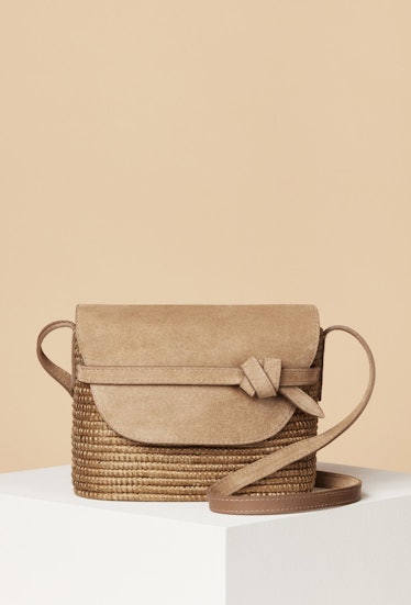woven basket cross-body bag with suede
