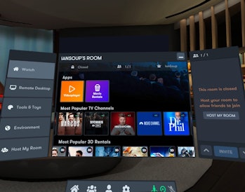 The home screen of the BigScreen VR app with the different streaming options like TV and movies list...