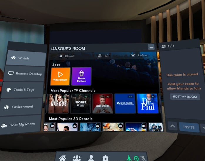 The home screen of the BigScreen VR app with the different streaming options like TV and movies list...