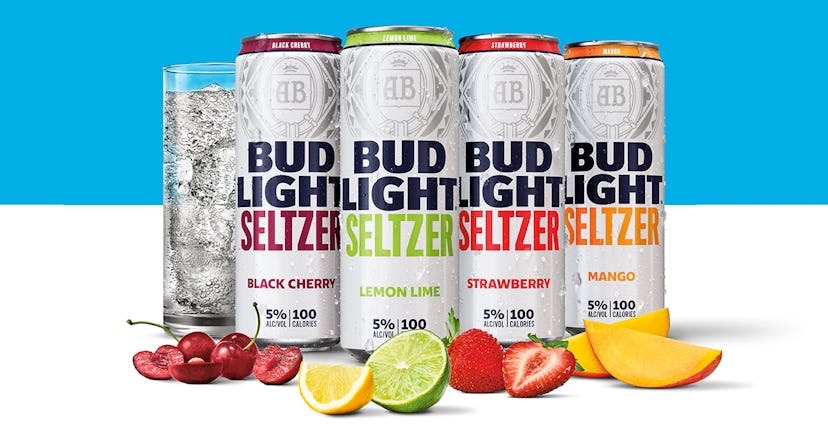 Bud Light Seltzer in flavors black cherry, lemon lime, strawberry, and mango. 