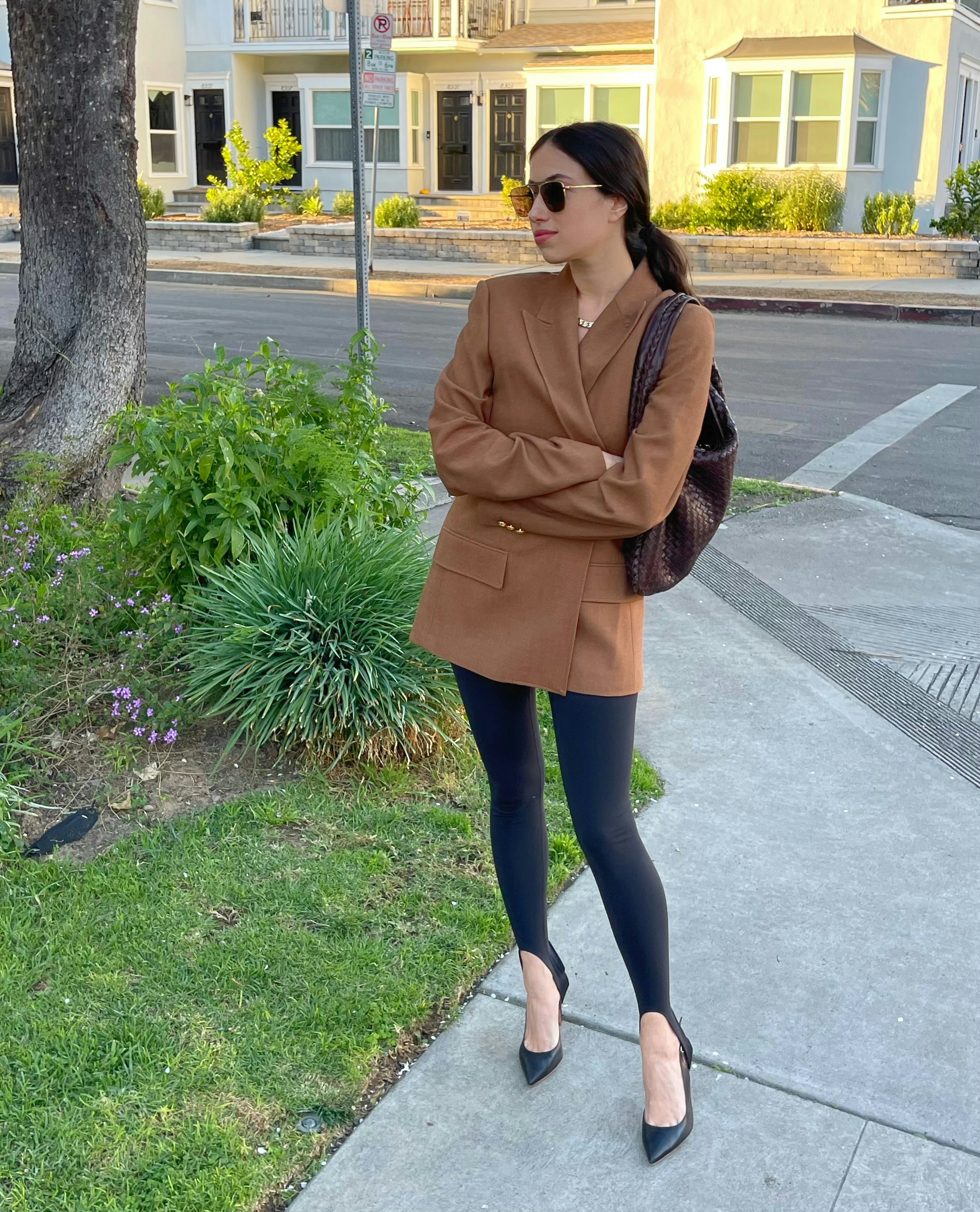 Style by Lyly - Fashion Blogger on Instagram: Stirrup leggings two ways.  In the first look I paired the stirrup leggings with low slingback heels, a  sweater and blazer. In the second
