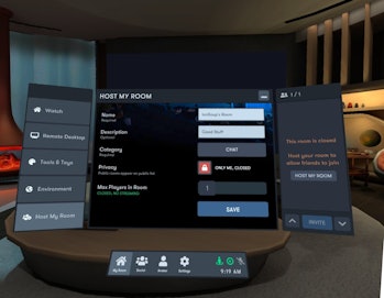 The Host My Room screen in Bigscreen VR where you can name your room and choose how many people you'...