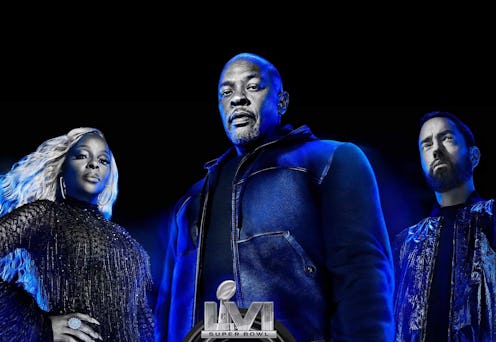 Dr. Dre, Mary J. Blige, and Eminem in a promo image for Super Bowl Halftime Show