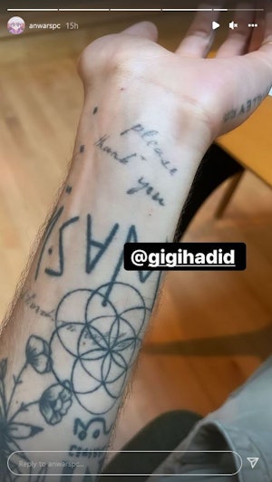 Anwar Hadid's tattoo meanings include a Gigi shoutout. Screenshot via Instagram