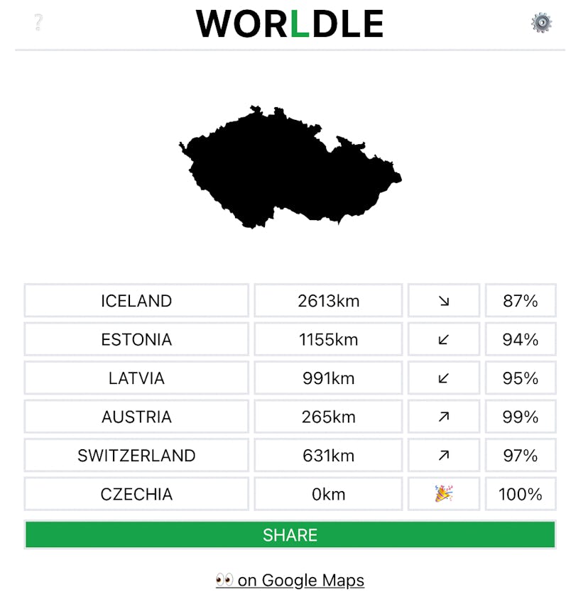 Screenshot of Worldle.