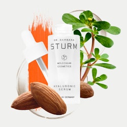 Collage of almonds, Sturm hyaluronic serum bottle, and a purslane plant