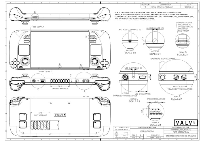 Schematic drawings for the Steam Deck released by Valve.