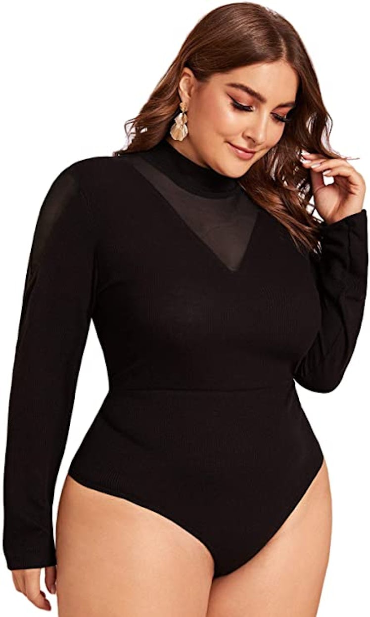 Floerns Plus Size Long Sleeve Mesh Bodysuit