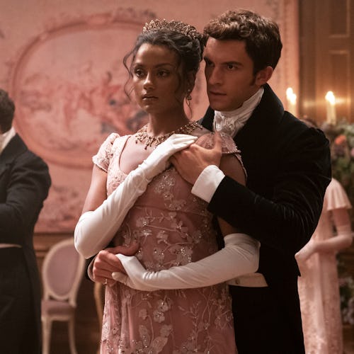 A photo still of Simone Ashley and Jonathan Bailey from Bridgerton Season 2 Episode 4.  