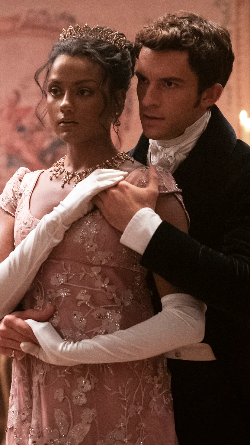 A photo still of Simone Ashley and Jonathan Bailey from Bridgerton Season 2 Episode 4.