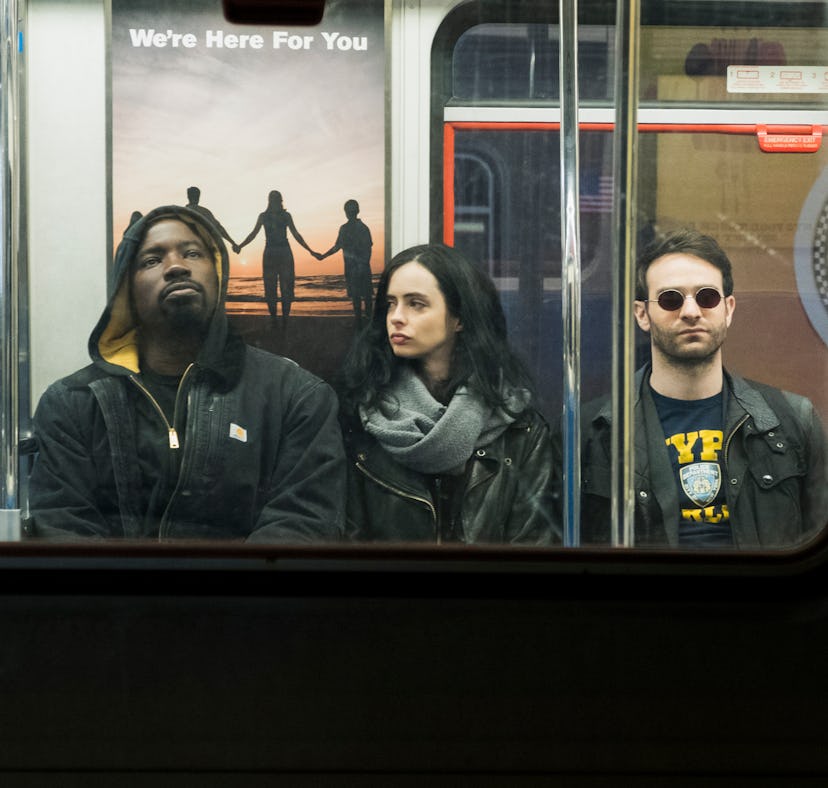 Luke Cage, Jessica Jones, and Matt Murdock on a train