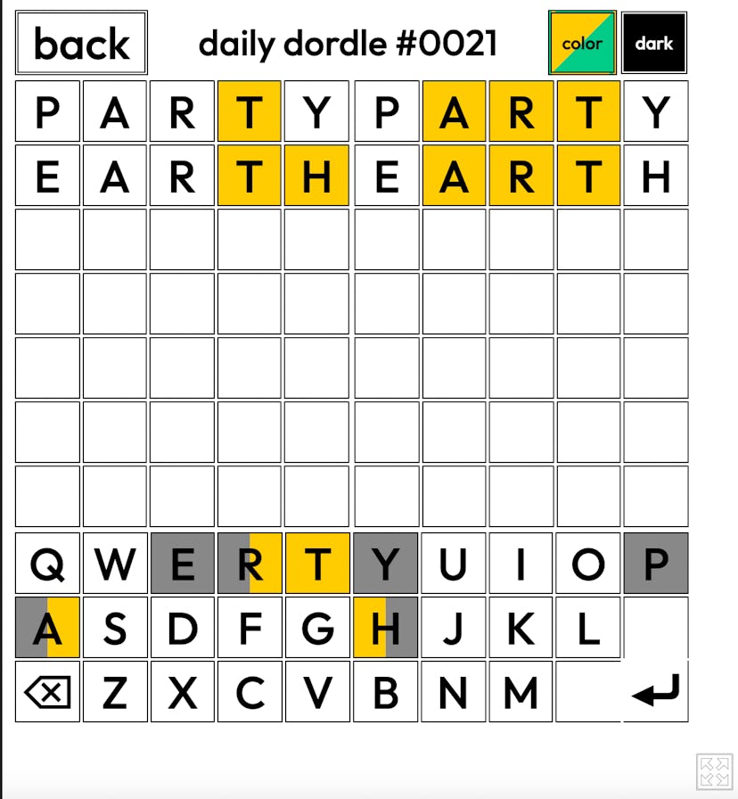 Screenshot of Dordle, wordle alternative