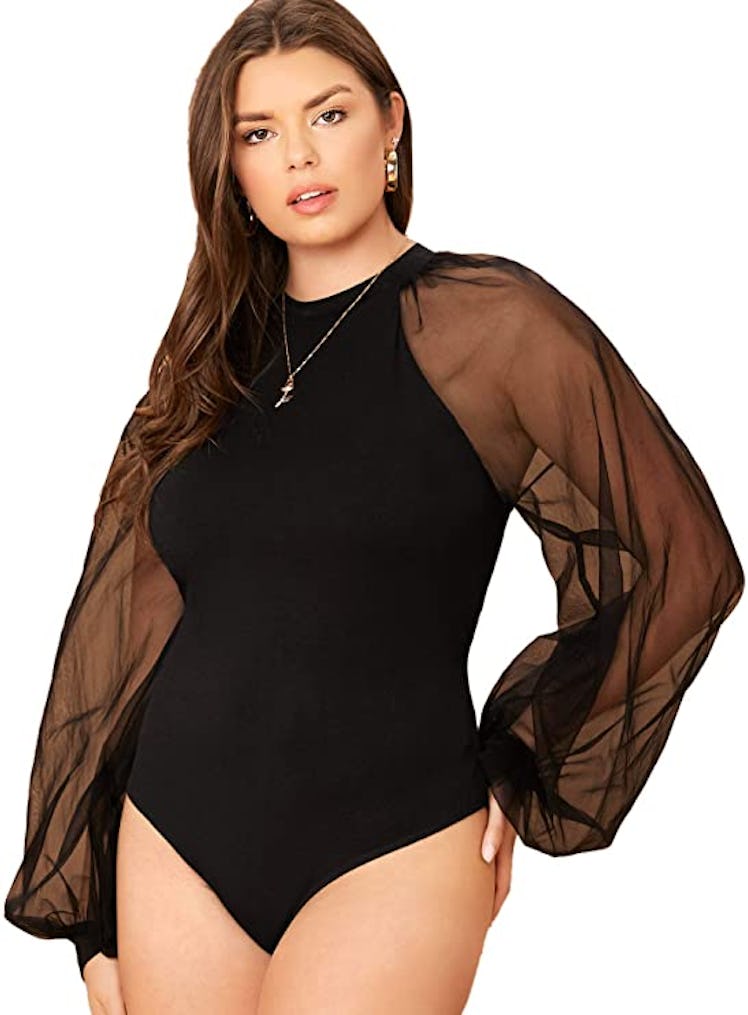 Romwe Mesh Lantern Puff Sleeve Bodysuit