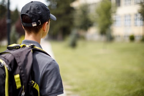 Rear view of school teenage boy in front of a school 