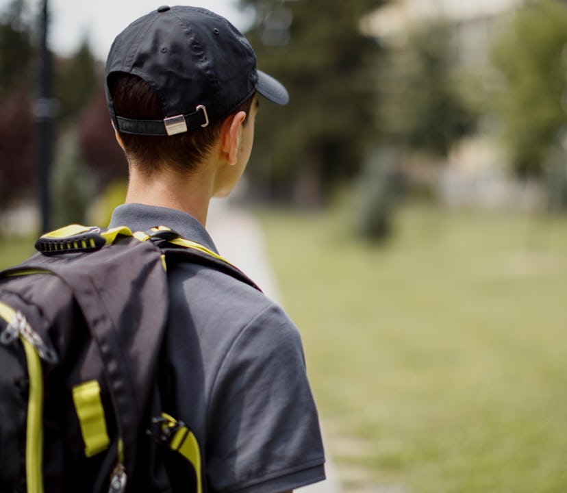 Rear view of school teenage boy in front of a school 