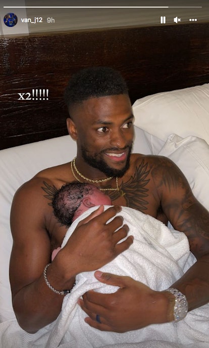 Van Jefferson holds his newborn son just hours after winning Super Bowl LVI.
