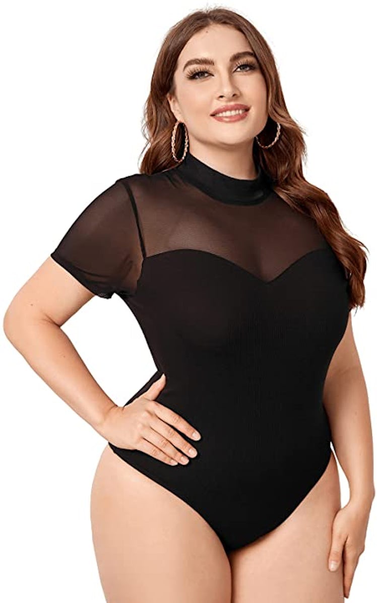 Romwe Short-Sleeve Mesh Neckline Bodysuit