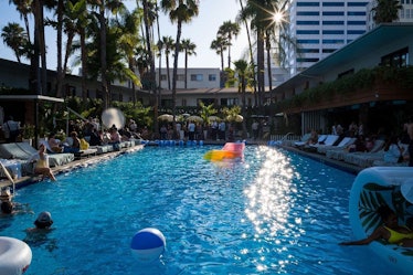 A view of the Hollywood Roosevelt’s David Hockney-painted pool at a previous iteration of Felix Art ...