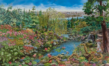 A painting of a lush landscape by Raqib Shaw